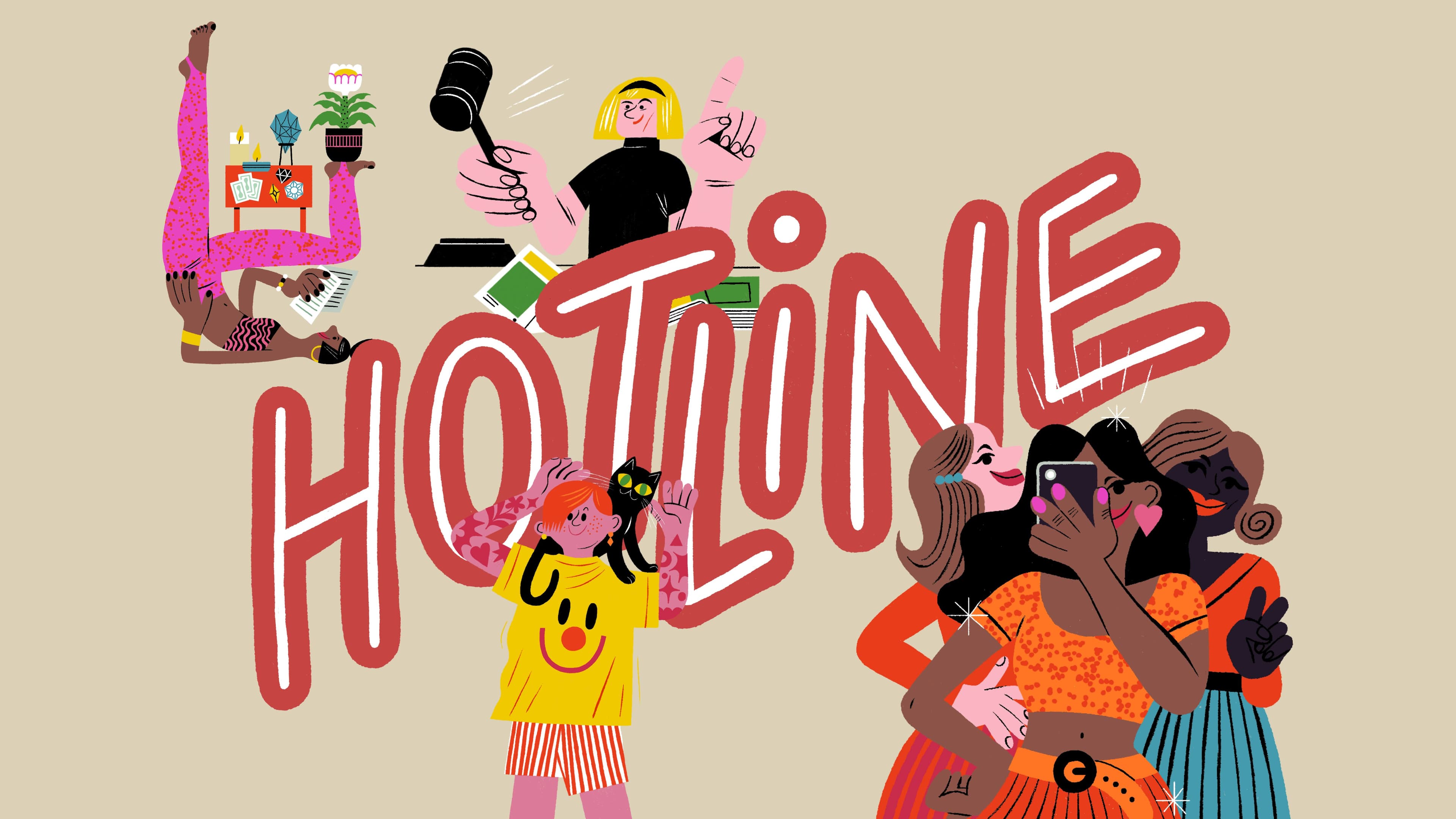 Blide av spillet med ulike karakterer og teksten Hotline
